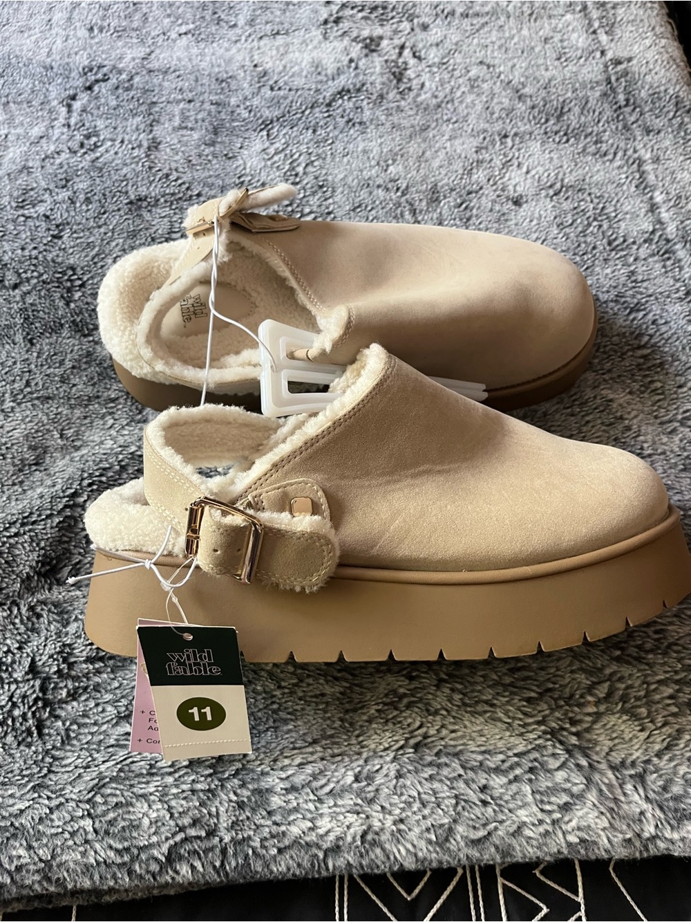 wild fable Beige Suede Shearling-Lined Platform Mule
